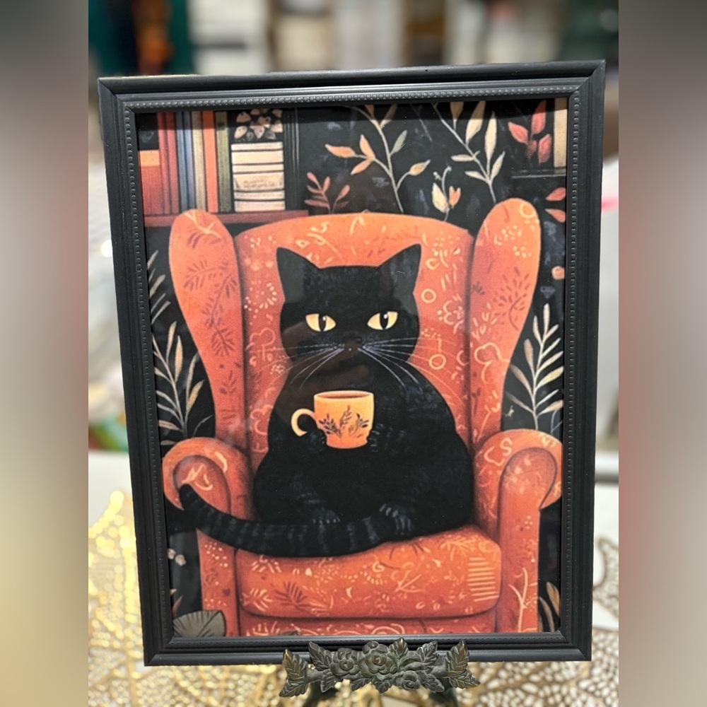 Black Cat on Orange Armchair Framed 8x10 Art Print
